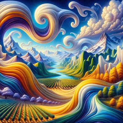 The primary subject of the image is a painting of a mountainous landscape with a river flowing through it. The setting is a mountainous area with a river and a valley. The visual style is a digital art painting, which creates a vibrant and colorful atmosphere. The dominant colors include shades of blue, green, and yellow, which contribute to the overall mood of the painting.